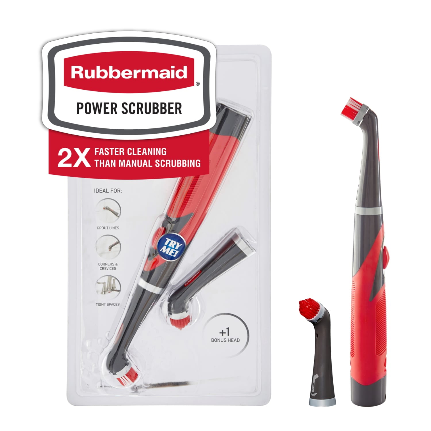 Rubbermaid Cordless Power Scrubber, Electric Handheld Cleaning Brush for Bathroom, Tile & Grout with 2 Heads