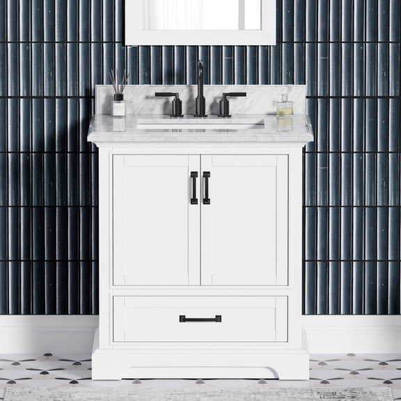 Rhoda 30" Single Bathroom Vanity, 31" W x 22" D x 34.5" H, Carrara Marble Top, Sink & Backsplash, White, Solid Wood, Pre-Assembled, Soft-Closing Drawers and Doors, Built-in Power Outlets