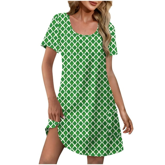 Tnhcen Women's Summer Vintage Print Pocket Short Sleeve Round Neck Cotton-Like Spandex Casual Dress S-2XL Breathable Loose Fit Plus Size Daywear Outfit