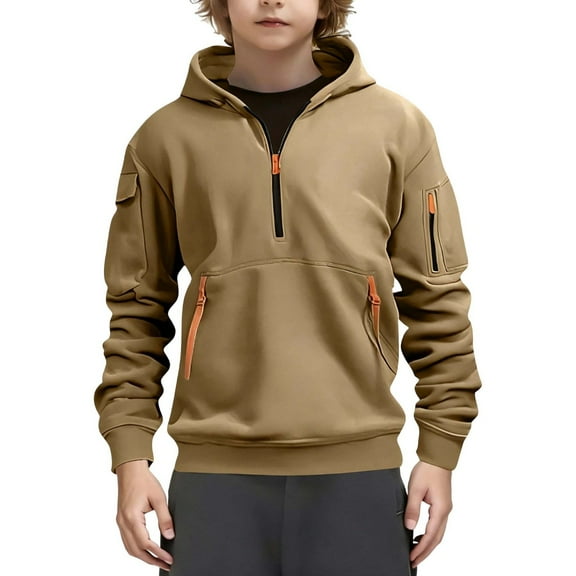 Lenpel Hoodies for Boys Kids Casual Long Sleeve Half Zip Hooded Sweatshirts Pullover Sweatshirt Tops with Pockets(Khaki,14-15 Years)