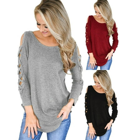 New Autumn and Winter Women Tunic Tops Casual Round Neck T-Shirt Long Sleeve Basic Tee Shirt Ladies Fashion Pullover Femme Blouses Solid Color Cotton Top Loose Sexy Off Shoulder T Shirts
