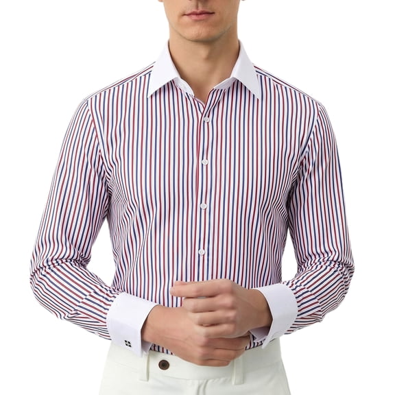 Men's Contrast Striped French Cuff Dress Shirt without Pocket Formal Business Long Sleeve Classic-fit Wedding Party Shirts