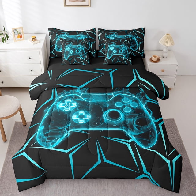 Erosebridal Neon Gamepad Bedding Sets Full Size, Geometric Comforter Sets with Sheets, Video Game Decor, Reversible 7 Pieces