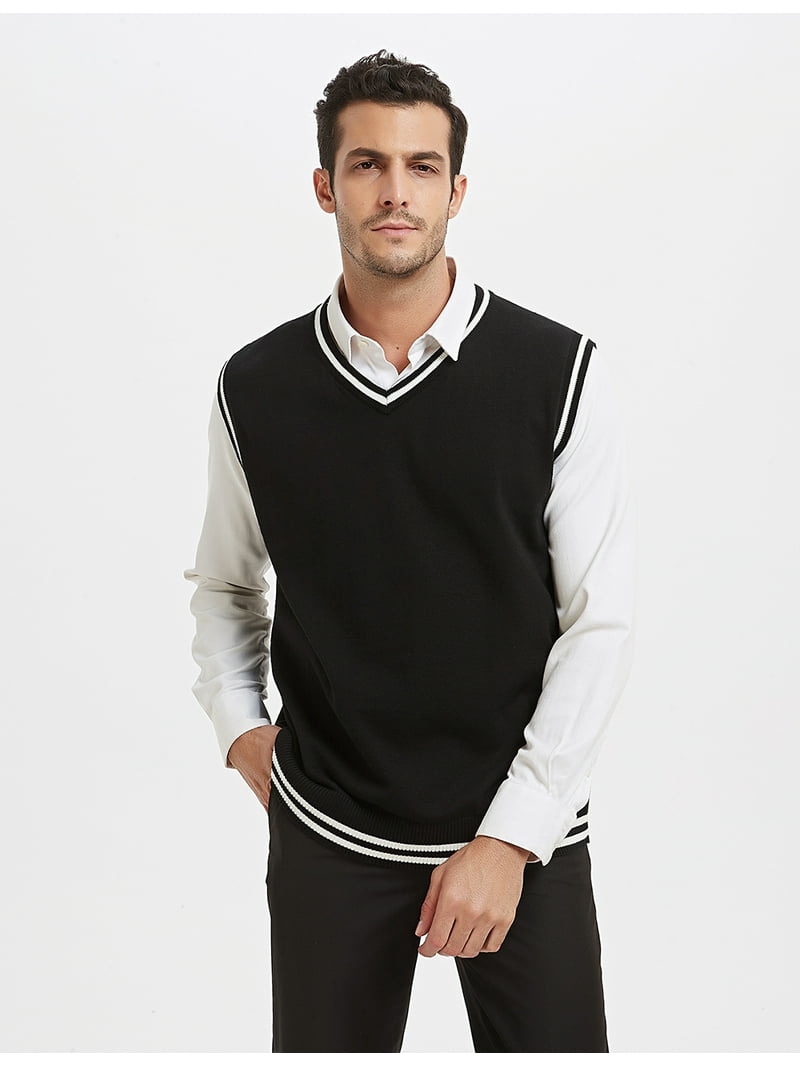 【L】Cotton Wool V-neck Knit Vest (black) Toptie Men Business V-Neck Knitted Sweater Vest, Cotton Fit Casual
