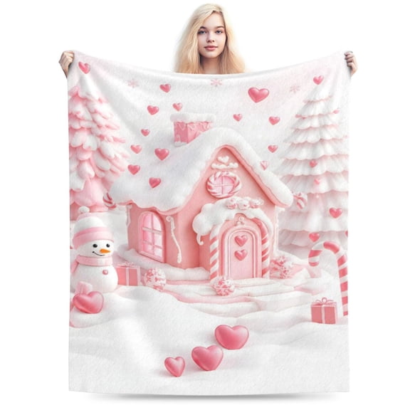 Christmas Throw Blanket for Couch Bed Sofa, Pink Gingerbread House with Snowman Heart Candy, Soft Cozy Lightweight Holiday Winter Fleece Blanket Christmas Decor 50x40