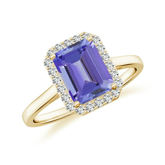 Natural Emerald Cut Tanzanite Halo Engagement Ring with Moissanite in Yellow Gold Plated/ 925 Sterling Silver| December Birthstone, Birthday, Anniversary, Wedding Jewelry, Ring Size 5