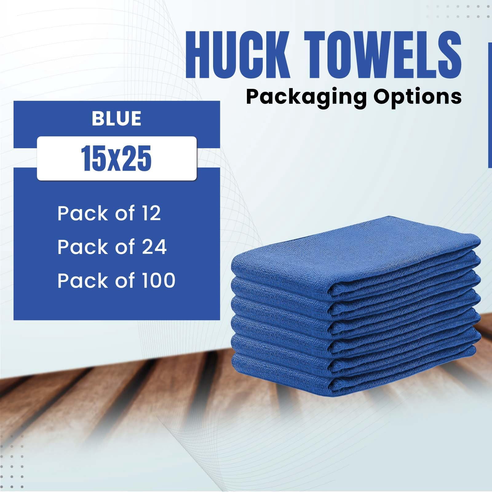 SupremePlus New Huck Cleaning Towels 15" x 25" Commercial Window Lint-Free All Purpose 100% Cotton Household Cleaning Cloths & Wipes, Blue, 25 Count