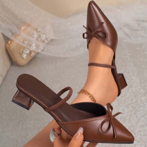 RoamHome Women's Slingback Pumps Low Block Heel Pointed Toe Mules with Bow Summer Spring Dressy Casual Comfortable Slip-On Office Daily Party Wedding Shoes