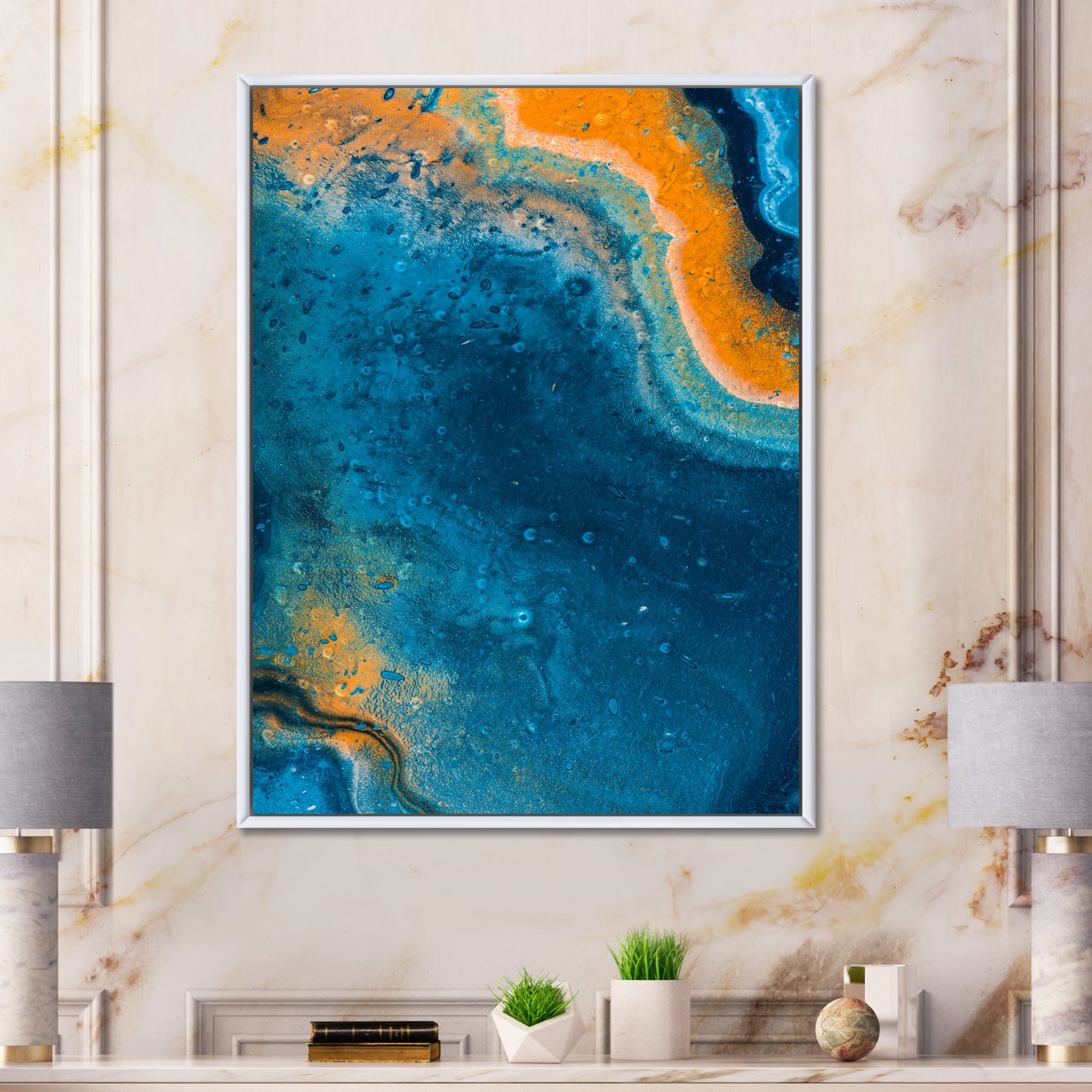 Designart 'Abstract Marble Composition In Orange and Blue V' Modern Framed Canvas Wall Art Print