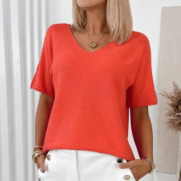 ATENAR Shirts for Women Short Sleeve Casual Womens Shirts V Neck Tee Orange M