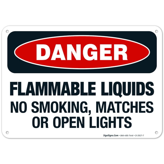Flammable Liquids No Smoking, Matches Or Open Lights Sign, OSHA Danger Sign, 10x7 Aluminum
