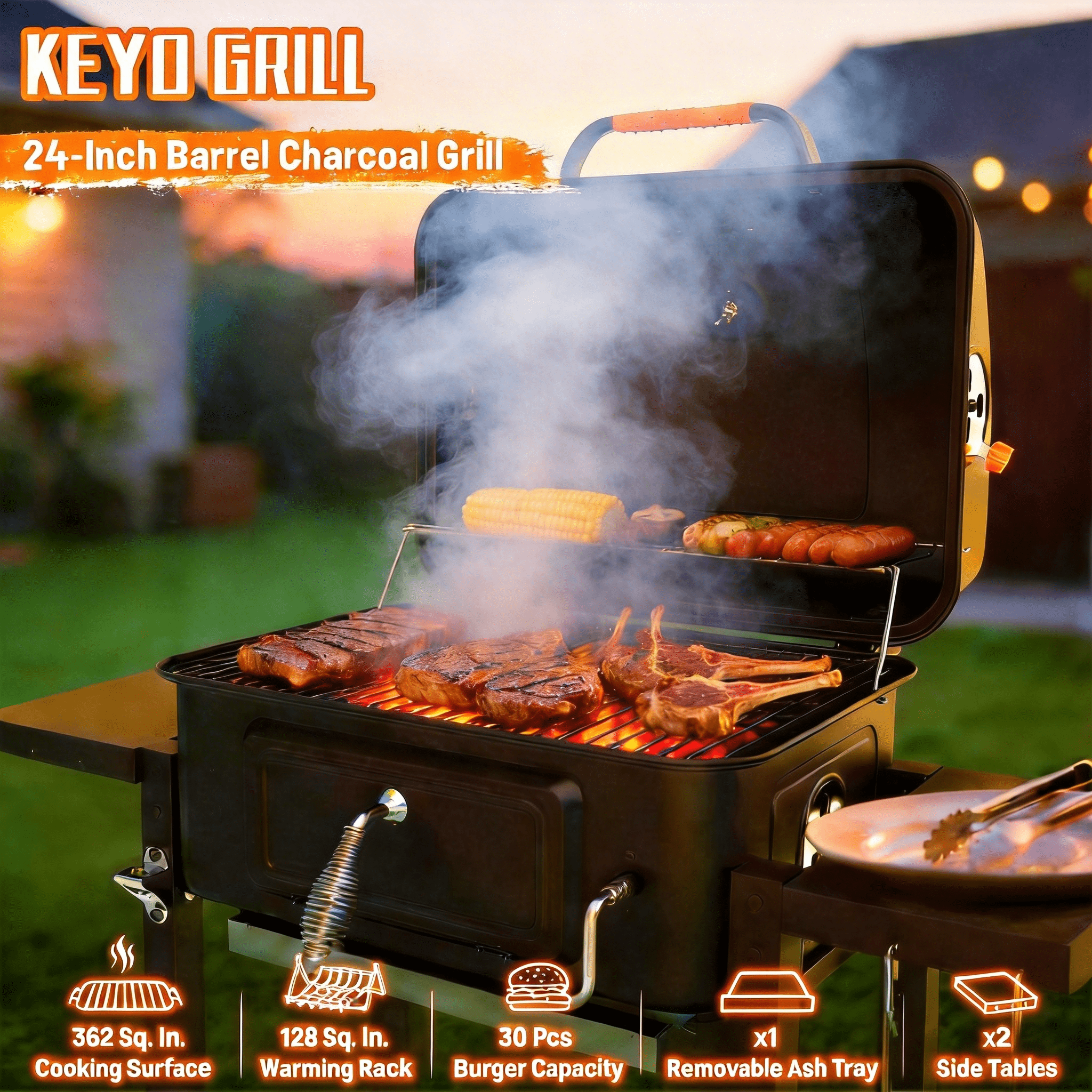 KEYO GRILL Large Charcoal Grill with Foldable Side Tables,Height-Adjustable Pan&Charcoal Door for Backyard,Black