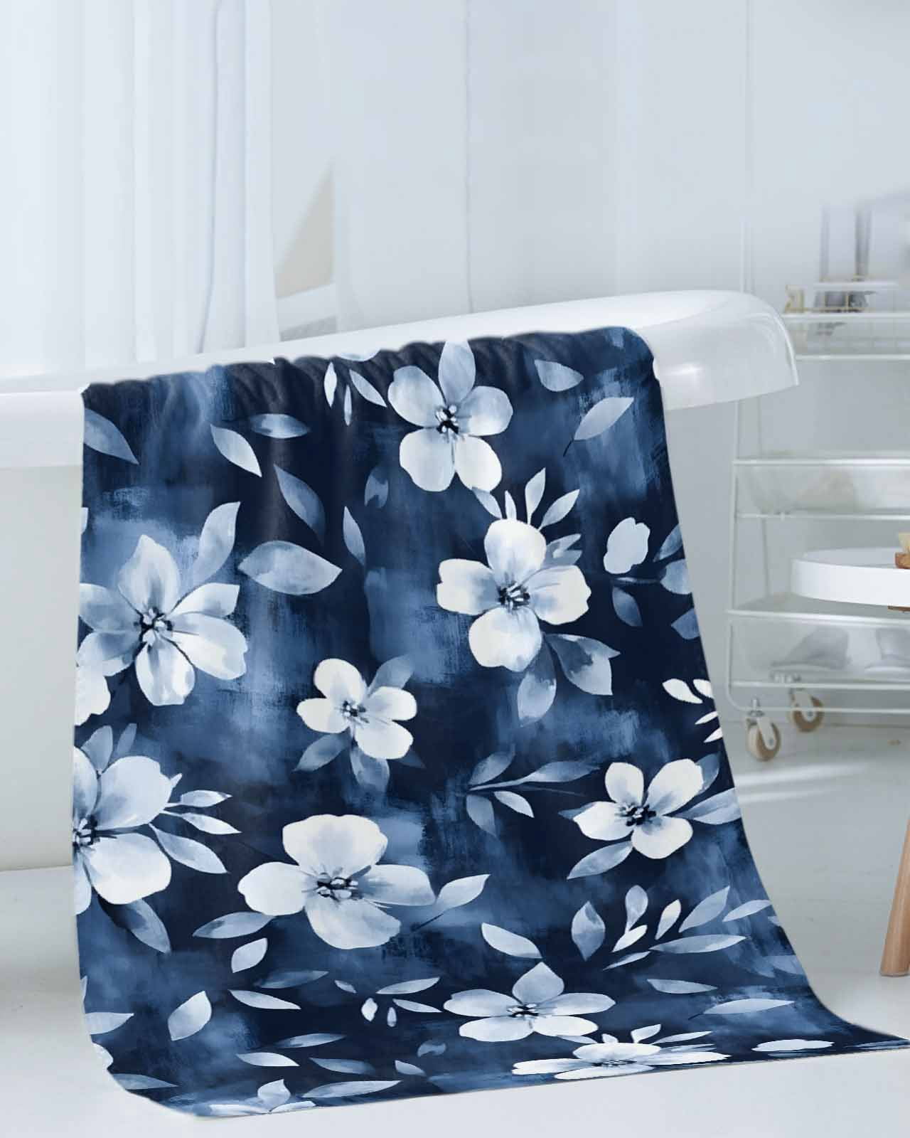 Navy Blue Spring Floral Towel Set of 3, Soft Microfiber Bath Towels, Hand Towel, Washcloths, Summer Flowers Watercolor Botanical Quick-Dry Absorbent Towels for Bathroom Kitchen Hotel Beach Gym Spa