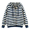 thumbnail image 4 of Women Hooded Button Front Knit Cardigan Top,Striped Outerwear Knitted Hooded,Oversized Drawstring Long Sleeve Loose Soft Sweater Coat,Fall Winter Warm Daily Blouse Business Casual Outfits Navy, 4 of 4