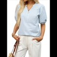 thumbnail image 1 of Blusa de Rayas con Mangas Abullonadas para Mujer, Cuello en V, Corte Holgado, Informal, para Verano, para el Trabajo, Camisa A Rayas Azul XL, 1 of 9