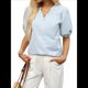 thumbnail image 1 of Blusa de Rayas con Mangas Abullonadas para Mujer, Cuello en V, Corte Holgado, Informal, para Verano, para el Trabajo, Camisa A Rayas Azul S, 1 of 9