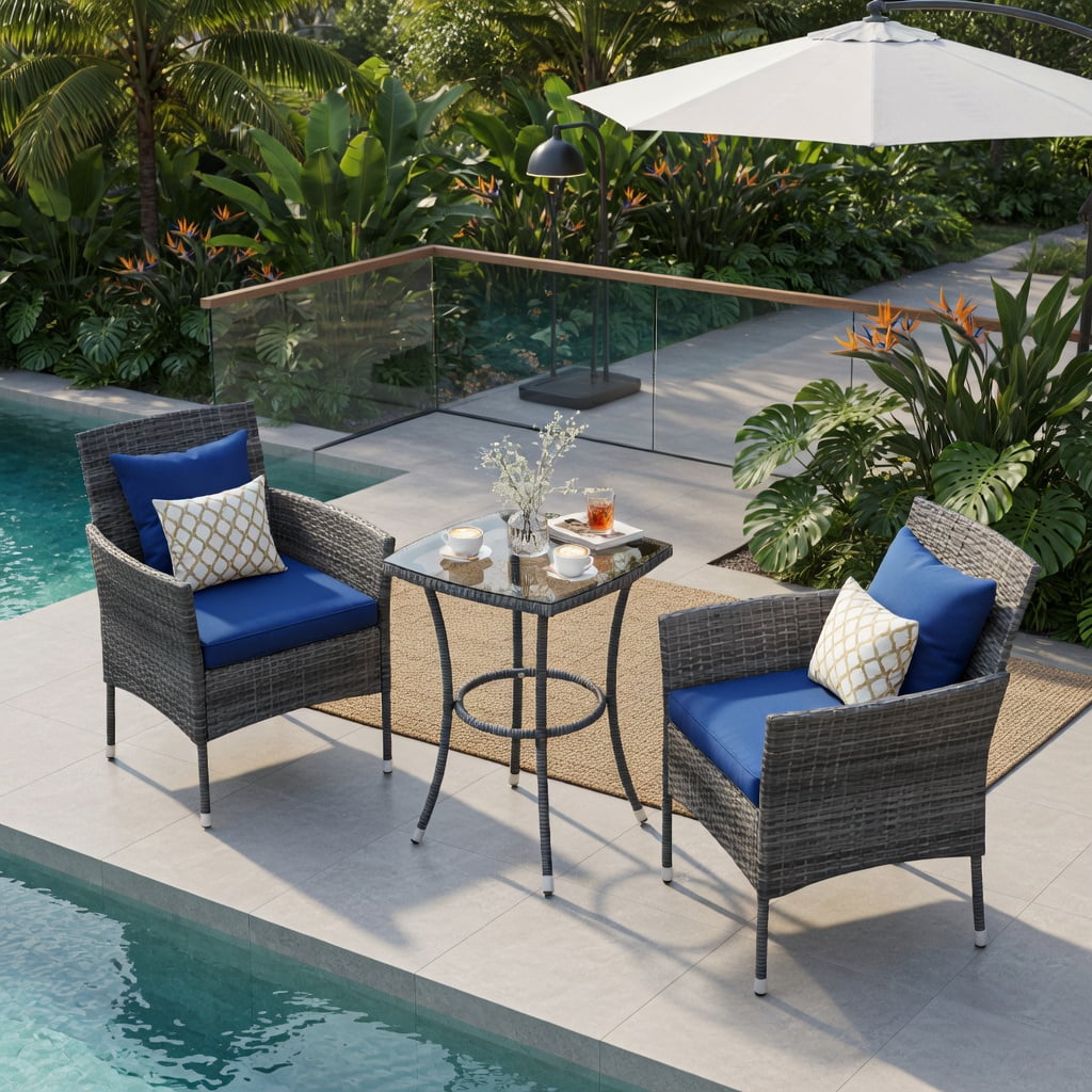 Hommoo 3-Piece Outdoor Patio Furniture Set, PE Rattan Chairs with Removable Cushions & Tempered Glass Coffee Table for Porch, Backyard, Garden, Navy