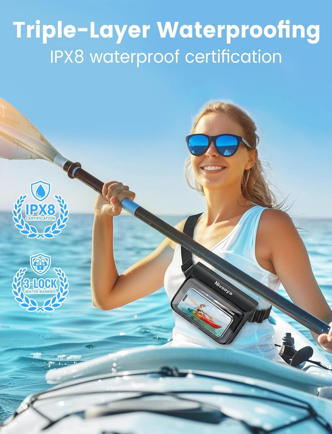 IPX8 Waterproof Fanny Pack for Men Women, Large Capacity Touch Screen Dry Bag Kayaking, Paddle Boarding, Waterpark & Swimming Essentials, Adjustable Waist Strap Pouch Cell Phone