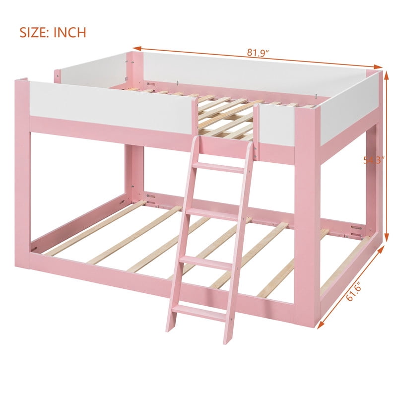Queen-Over-Queen Low-Profile Bunk Bed with Guardrails, Wooden Kids Bed with Reversible Ladder, Accent Two-Tone Bed Frame
