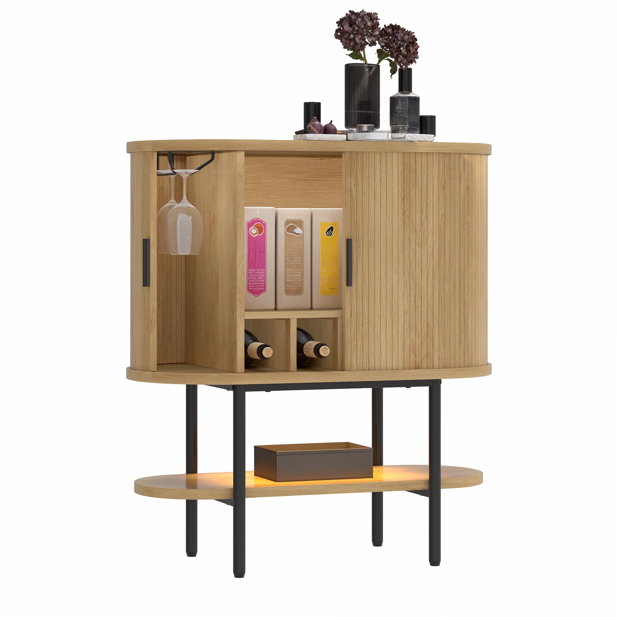Uforic Sideboard Buffet Cabinet with 2 Sliding Tambour Doors, Modern Storage Cabinet with LED Light, Oak