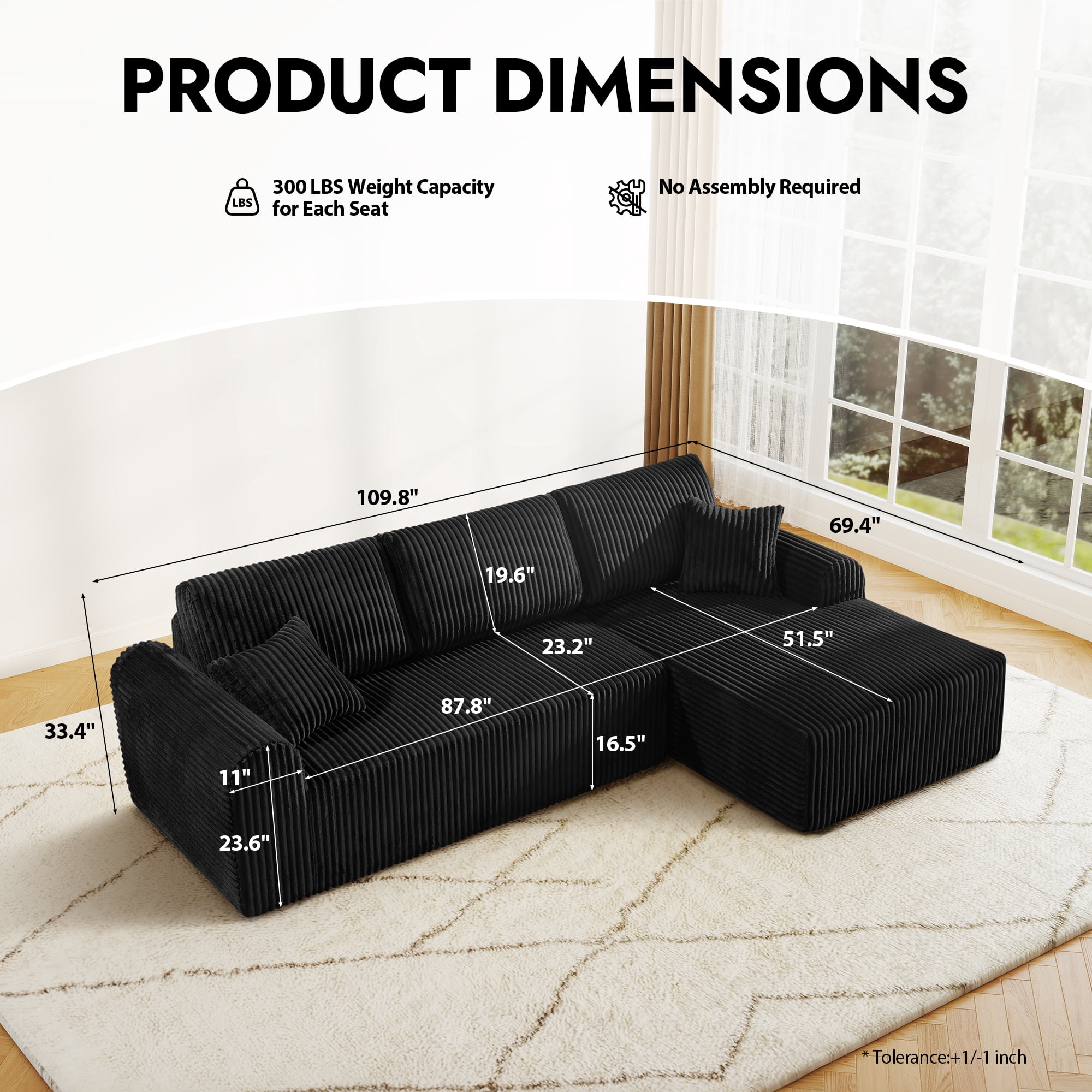Aukfa 109" Modular Cloud Sectional Sofa with L-Shape Chaise, Corduroy Upholstered Deep Seat Couch, Right Facing Chaise, No Assembly Boneless Sofa for Living Room/Bedroom/Apartment, Black