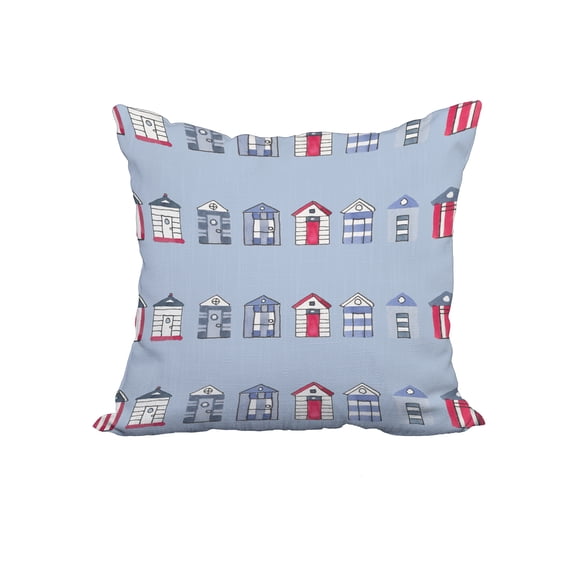 18 x 18 Inch Multi Beach Hut Blue Stripe Print Decorative Polyester Throw Pillow with Linen Texture