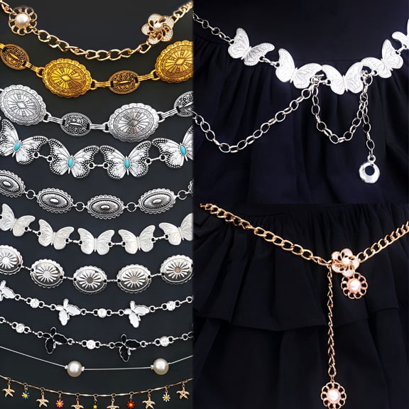 TELOLY Women'S Fashion Circle Metal Chain Belt Gold Silver Heart Fringes Ring Waist Chain Clothes Belts Lady Hip New Girl Gold Belt Chain