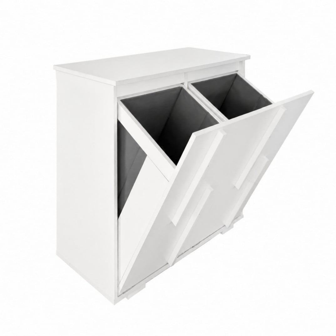 Laundry Cabinet with 2 Removable Liner Bags, Double Laundry Hamper with Sorting Compartments, Fluted Doors, Freestanding Laundry Storage Cabinet, White