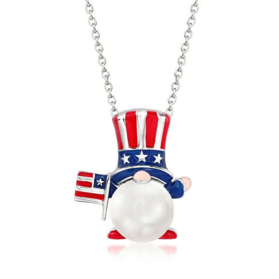 Ross-Simons 9-9.5mm Cultured Pearl and Multicolored Enamel Patriotic Gnome Pendant Necklace in Sterling Silver, Women's, Adult