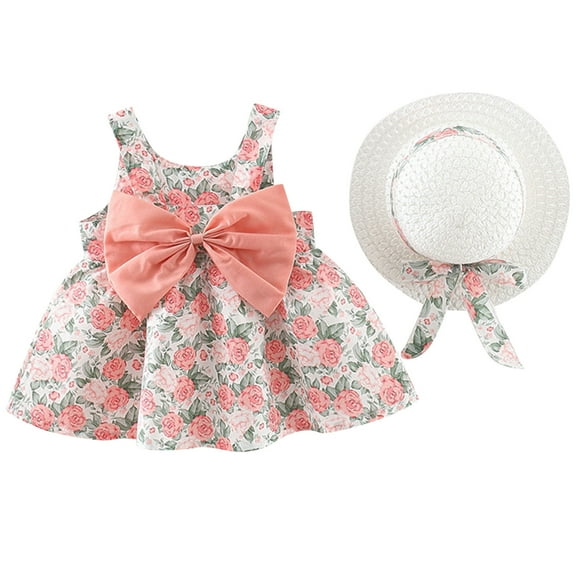 THDHVS Girls Summer Dress,Girls Dresses,Toddler Toddler Girl Summer Girls' Bow Print Camisole Dress with Hat Red 18-24 Months