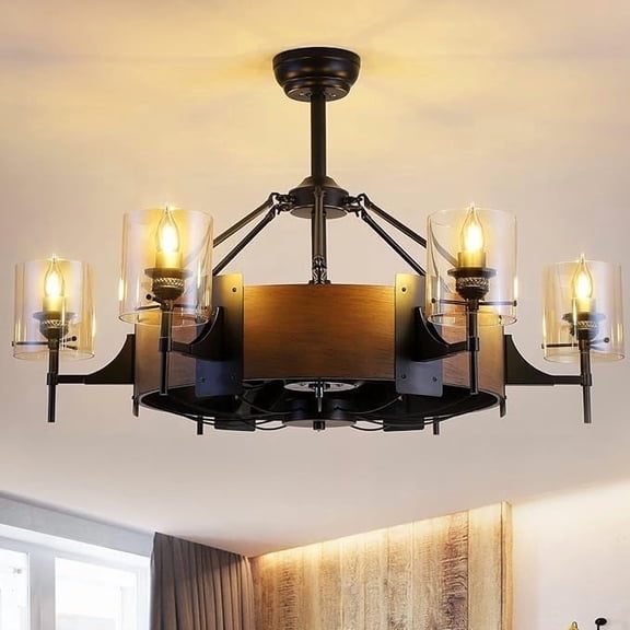 YIOSI 39.5" Black Caged Ceiling Fan with 6 LED Candle Lights, Remote Control, 6-Speed Reversible DC Motor, Vintage Farmhouse Chandelier Design for Bedroom, Living Room, Kitchen, Patio