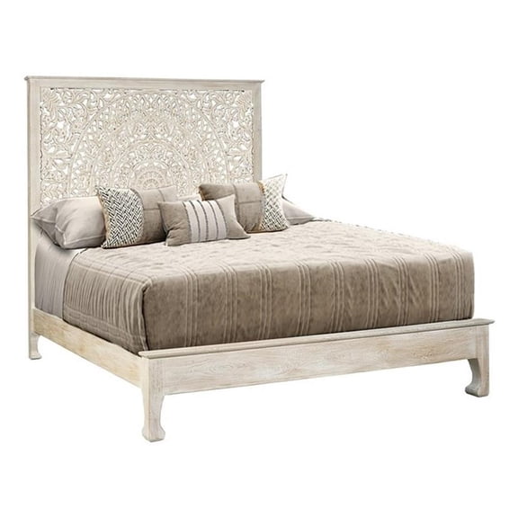 Pemberly Row Traditional Floral Carved Solid Wood Queen Bed in White
