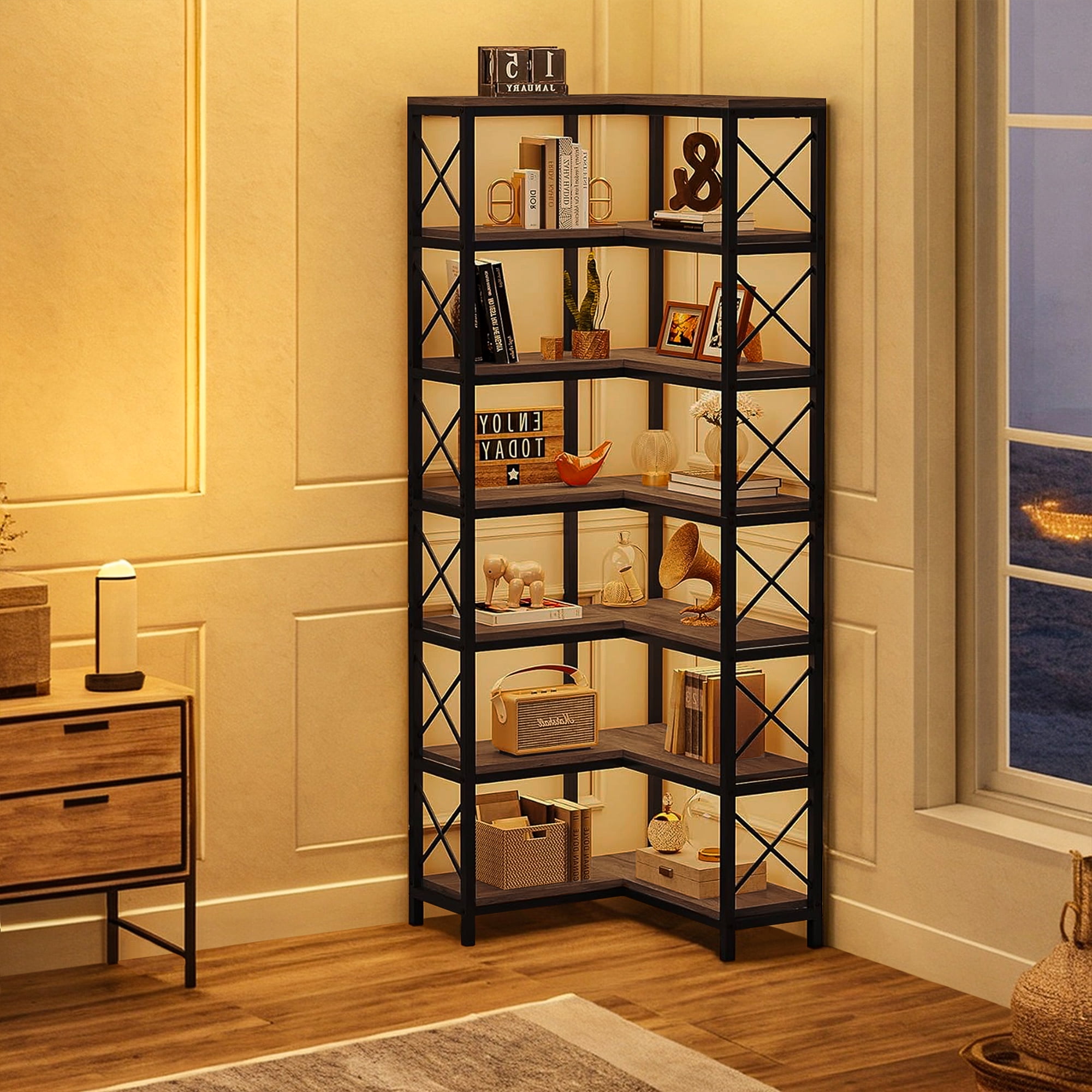 Demi Bonn 7 Tier Corner Bookshelf, Bookshelves, Open Etagere Bookcase Shelf Storage Organizer, Storage Shelving Unit for Bedroom, Living Room and Home Office, Gray