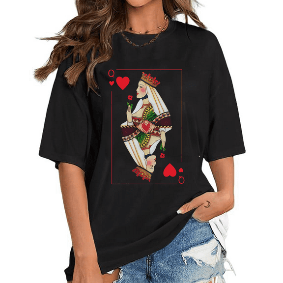 Trendy Playing Cards Design Graphic Tees for Women & Men Retro Queen of Hearts Print Tshirts Classic Cotton Shirts Short Sleeve Casual Tops for Daily Outfits Black,S