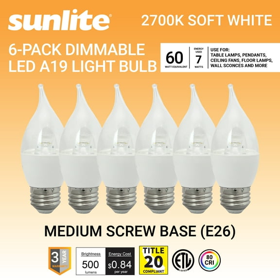 Sunlite LED CA12 Clear Chandelier Light Bulb, 7 Watts (60W Equivalent), 500 Lumens, Dimmable, Medium E26 Base, Title-20 Compliant, 90 CRI, ETL Listed, 2700K Soft White, 6 Pack