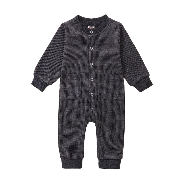 Gibobby pantalones siameses de pierna ancha de manga larga de invierno para niños y niñas, mono acanalado sólido para recién nacidos con bolsillo(Gris, 0-3 Meses)