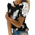 thumbnail image 2 of Wycnly Womens Tops Dressy Casual Sexy Lace Patchwork Lightweight Comfy Basic Fit Pullover Tshirts Summer Short Sleeve Round Neck Tops Feather Print Blouse Gold s, 2 of 5