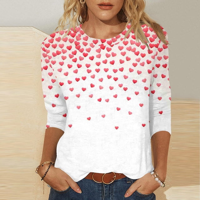 Meichang Hauts à Manches 3/4 pour Femmes, T-Shirts de la Saint-Valentin Amusants, T-Shirts Graphiques de la Saint-Valentin, Col Rond, Mignons, Coupe Ample, T-Shirts de Vacances, Saint-Valentin