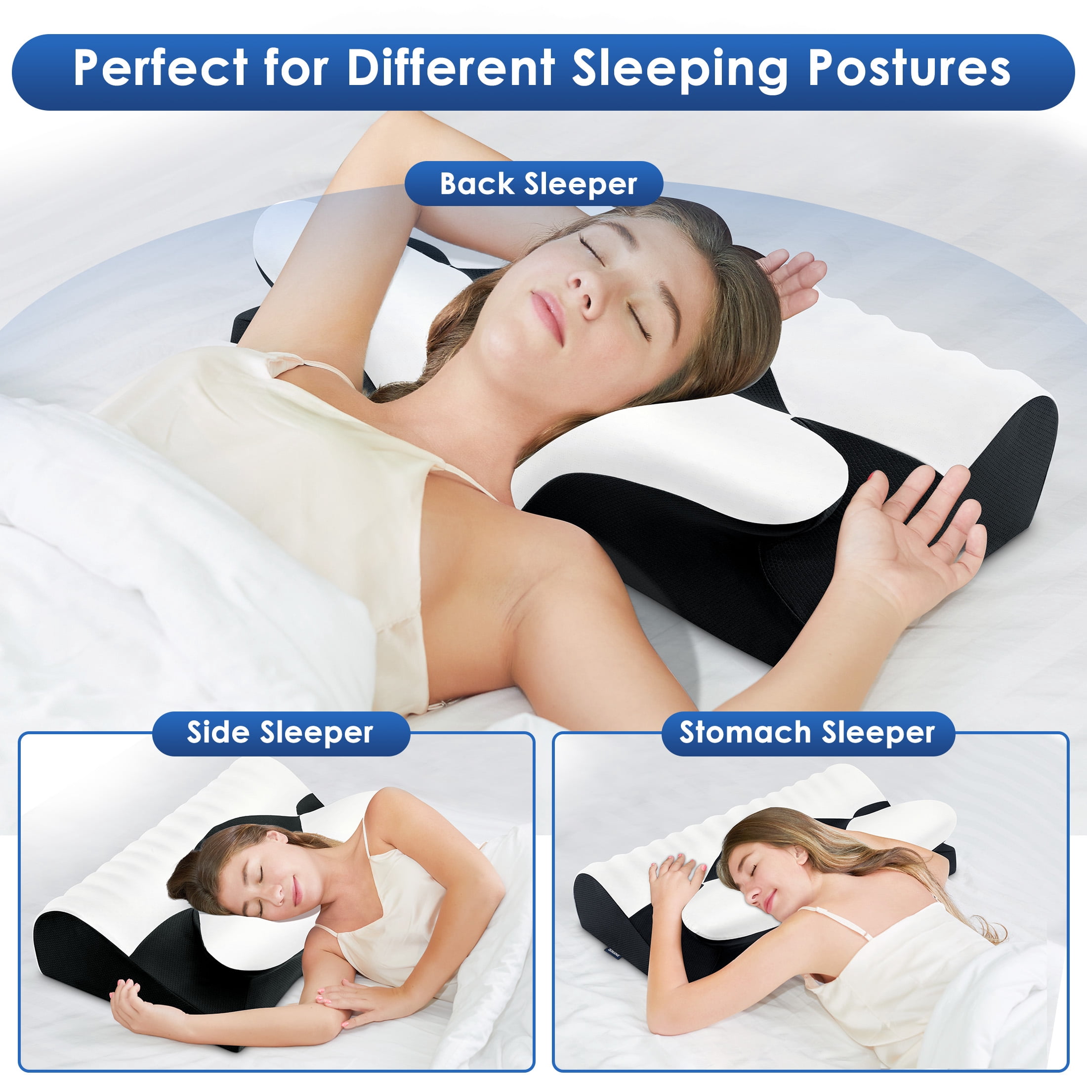 Ergonomic Cervical Memory Foam Pillow for Neck Pain Relief, Orthopedic Contour Pillow with Breathable Cover, for Side, Back, and Stomach Sleepers, Queen Size 23.6"x14.2"x4.7", Black