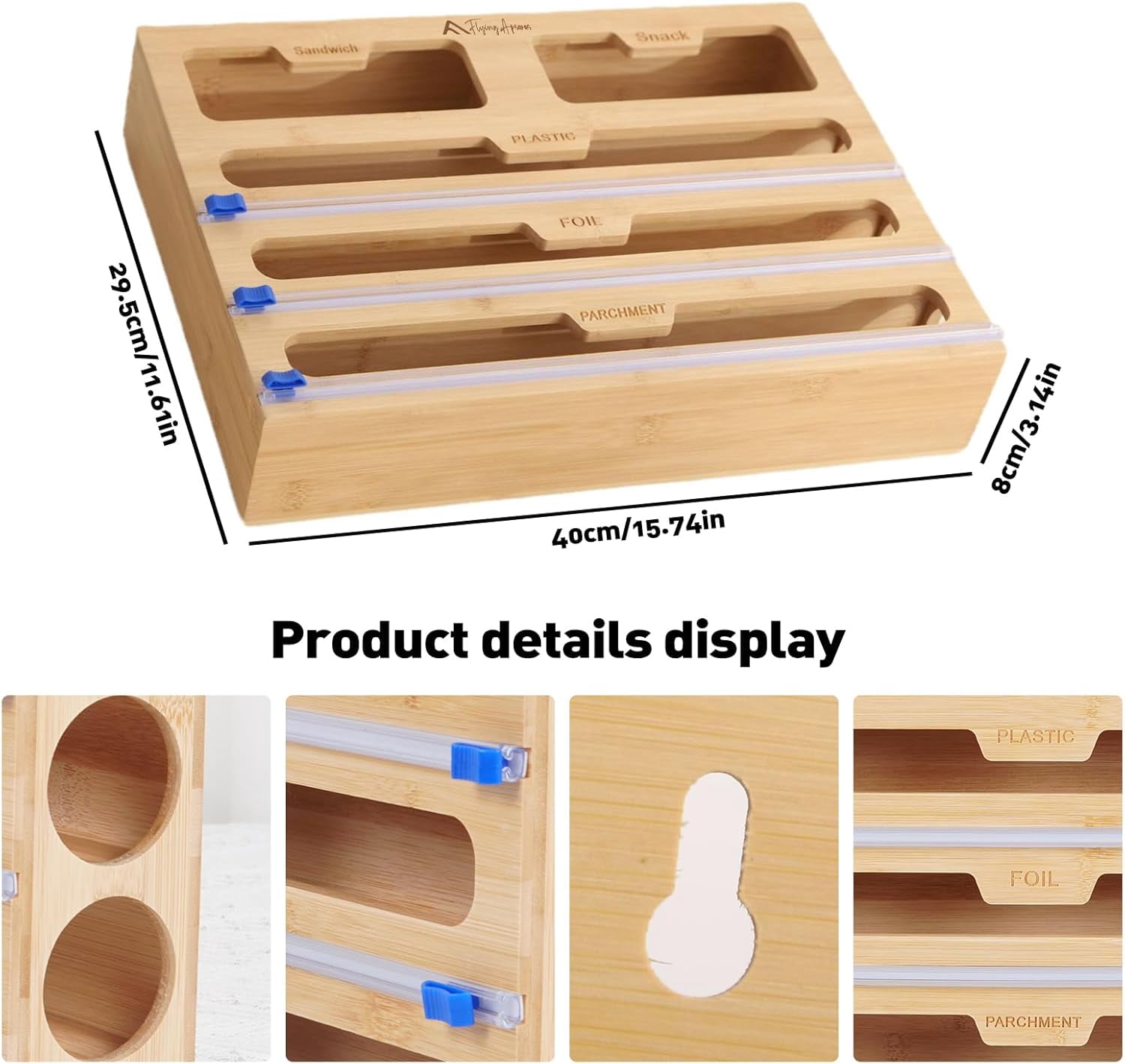 APSARAS USA 5 in 1 Bamboo Foil and Plastic Wrap Organizer for Kitchen Drawer, Ziplock Bag Organizer, Dispenser with Cutter, Plastic Bag Organizer, Food Storage Bag Organization