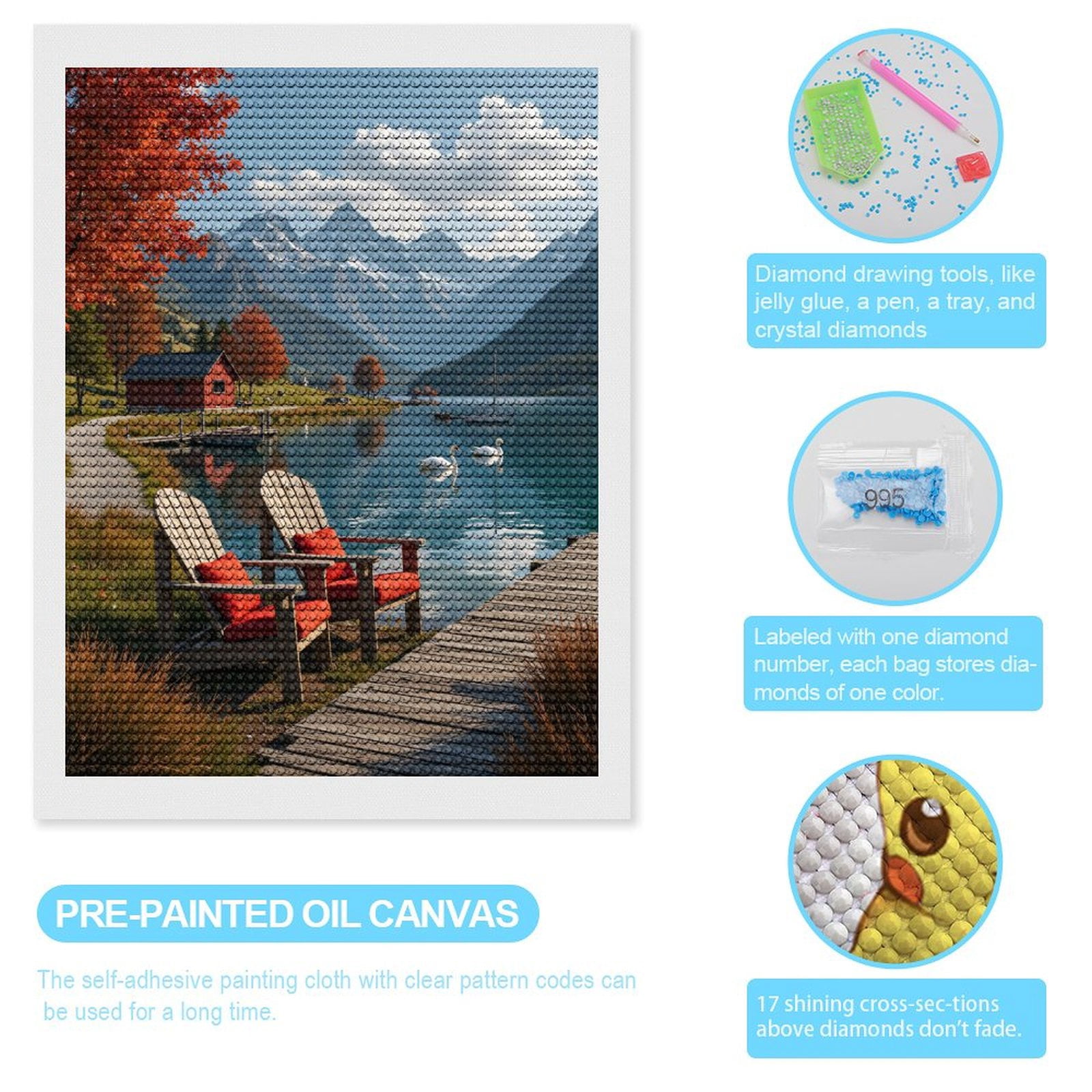 Diamond Art Kits for Adults, Mountain Lake Scenic Autumn Tranquility 5D Diamond Painting Kits for Adults Beginners, DIY Full Drill Diamond Painting, Gem Art and Crafts 12x16
