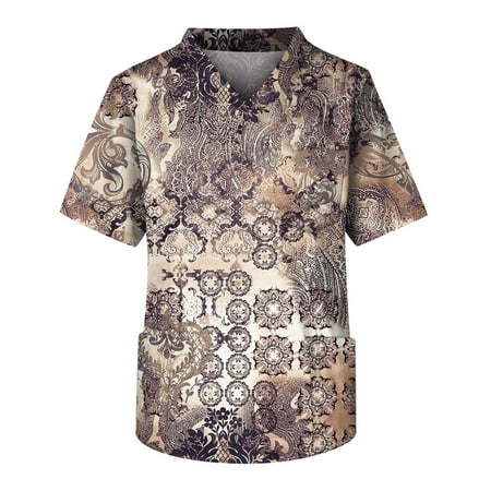 

HHei_K Scrubs Plus Size Halloween Printed Scrub Working Uniform Tops For Men s Cross V-Neck Short Sleeve Fun T-Shirts Workwear Tee With Pockets
