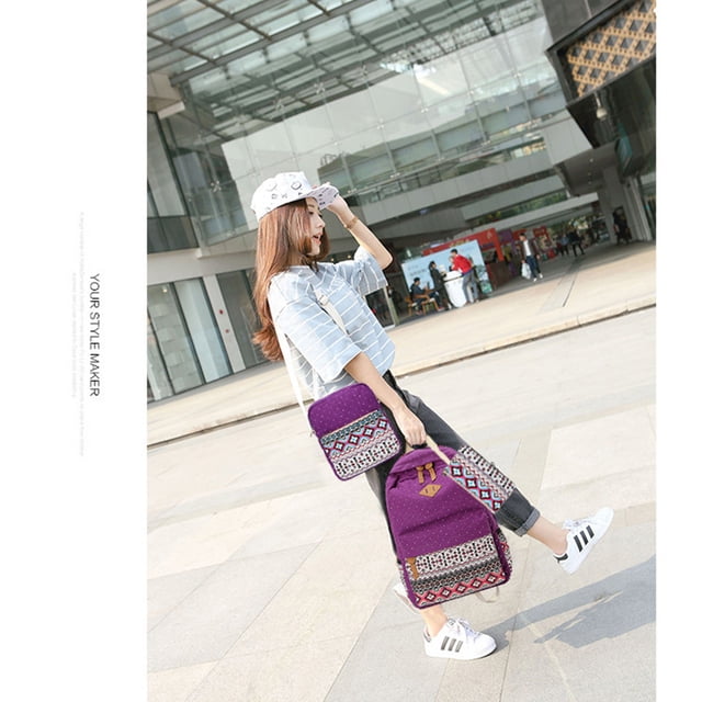3 Pieces Canvas Backpack Shoulder Organizer Set Large Capacity Zipper Ethnic Style School Bags Causal Adjustable Travel Bag Rose Red