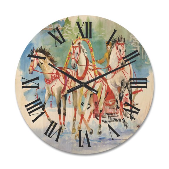 Designart 'Carriage In The Snow With Galoping Horses' Farmhouse Wood Wall Clock
