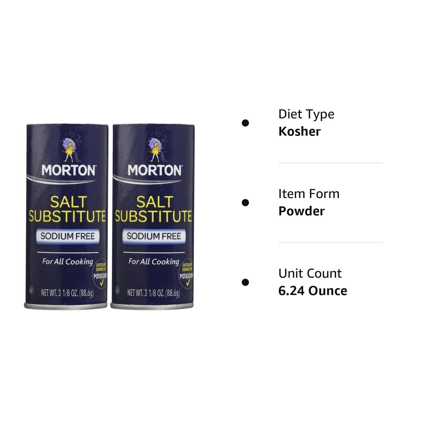 Morton Sodium Free Salt Substitute, Sodium-Restricted Diets 3.12oz (24 Pack)