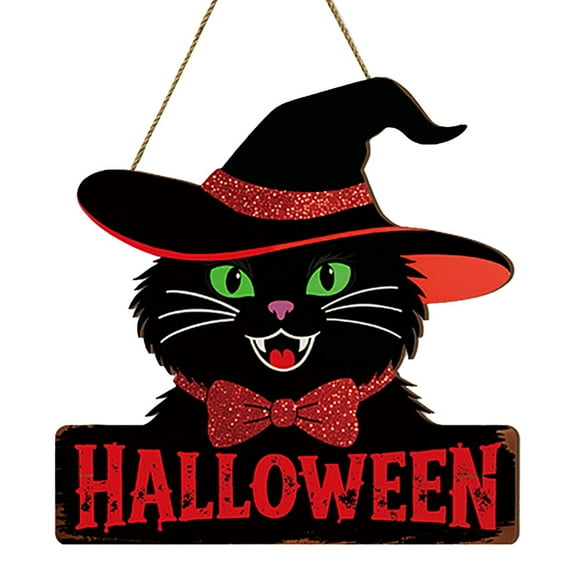 BinKFF Halloween Decorations, Halloween Door Sign Black Cat Front Door Decor Cat Theme Wooden Door Hanger Halloween Indoor Outdoor Wall Hanging Sign for Halloween Decorations