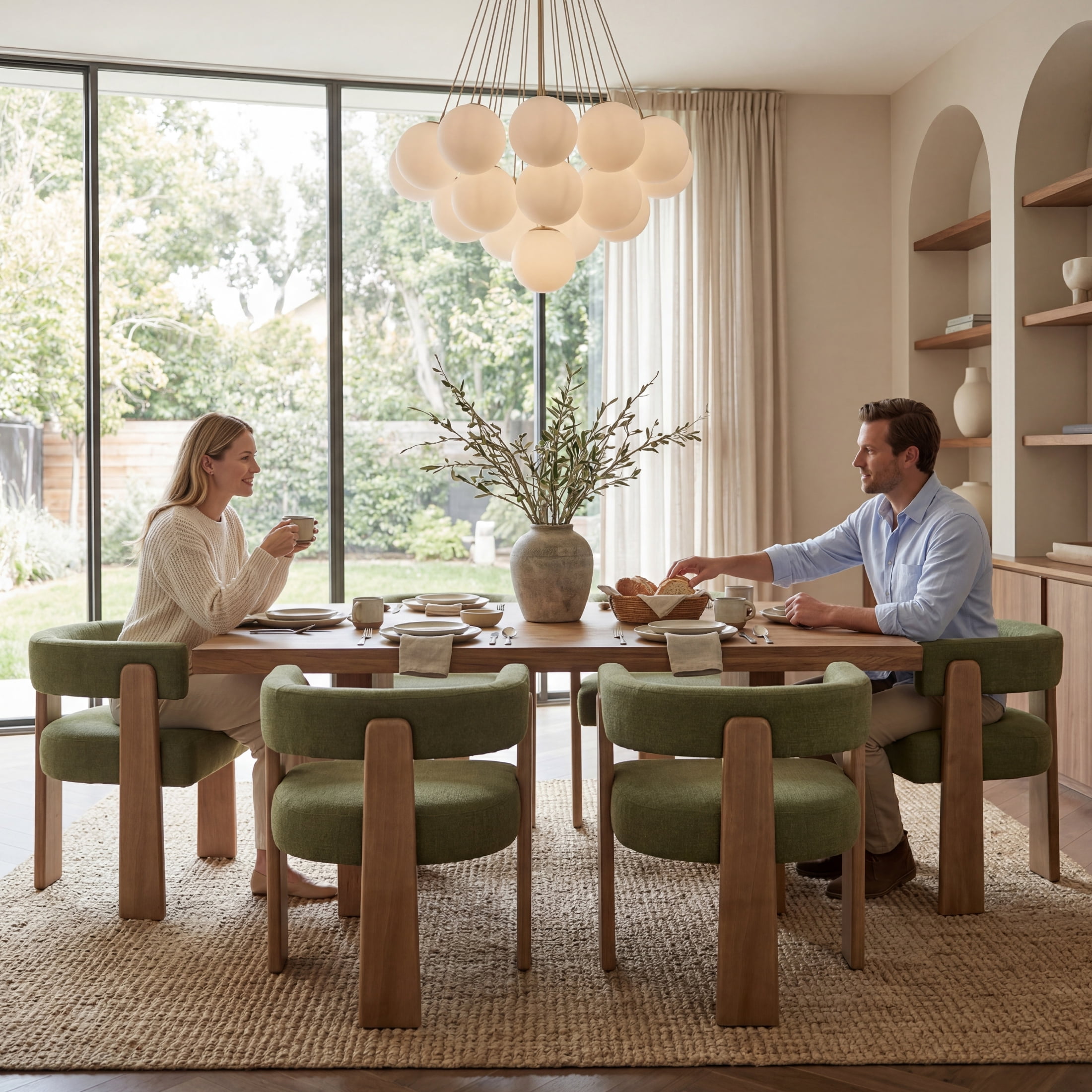 Guyou Barrel Dining Chairs Set of 4, Modern Linen Upholstered Dining Room Chairs with Curved Back, Farmhouse Wooden Accent Side Armchairs for Dining Room, Living Room, and Kitchen, Green