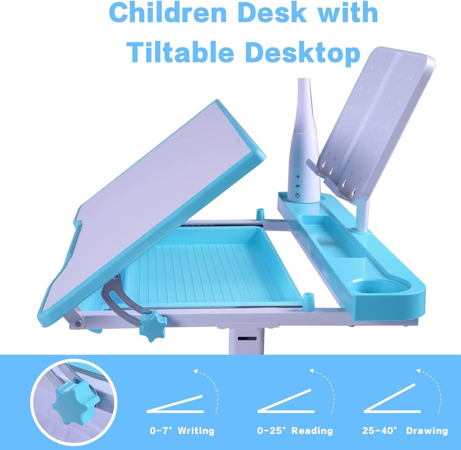Kids Desk and Chair Set with Adjustable Height, Tiltable Desktop, LED Light & Storage - Blue Study Desk for Children Ages 3-15, Ergonomic Art & Homework Station