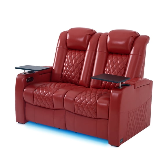 comfiroom Home Theater Seating Classic Series Seats Top Grain Leather Loveseat Recliner Chair Dual Power Movie Theater Chairs Gaming Sofa Electric Headrest with Tray Table (RED, Row of 2 Loveseat)