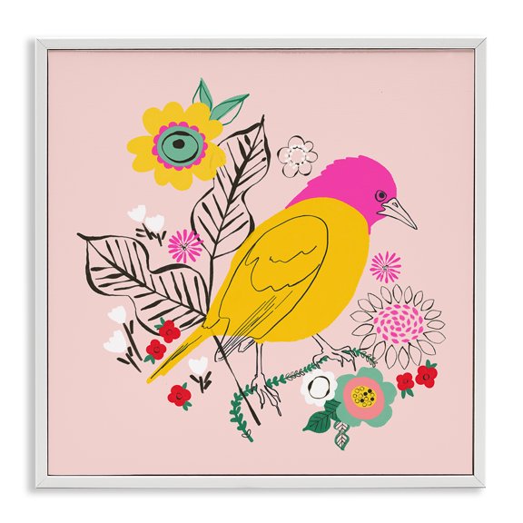 Stupell Industries Contemporary Pink & Yellow Floral Bird White Framed Giclee Art, 24 x 24, by Pragya Kothari